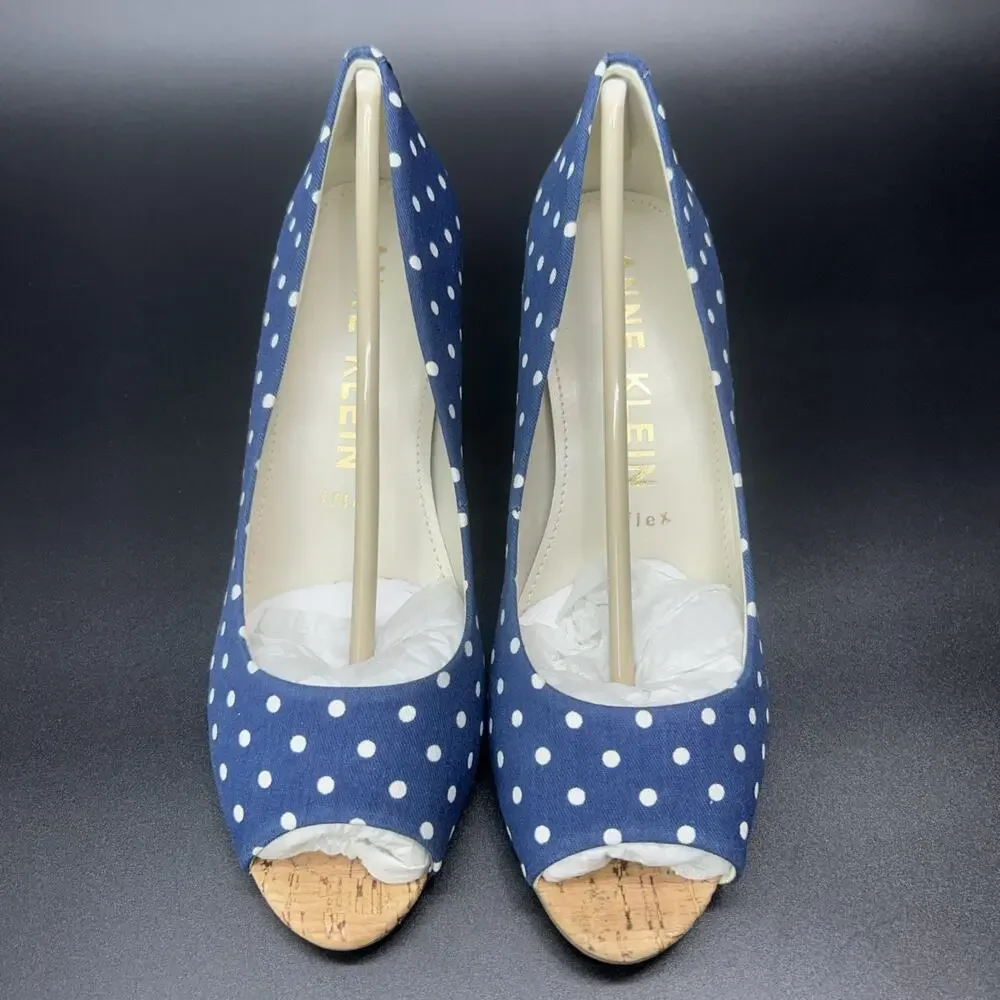 New Anne Klein Womens 8.5M Blue White Polka Dot Peep-Toe Cork Block Heels Megan2 - Picture 2 of 9